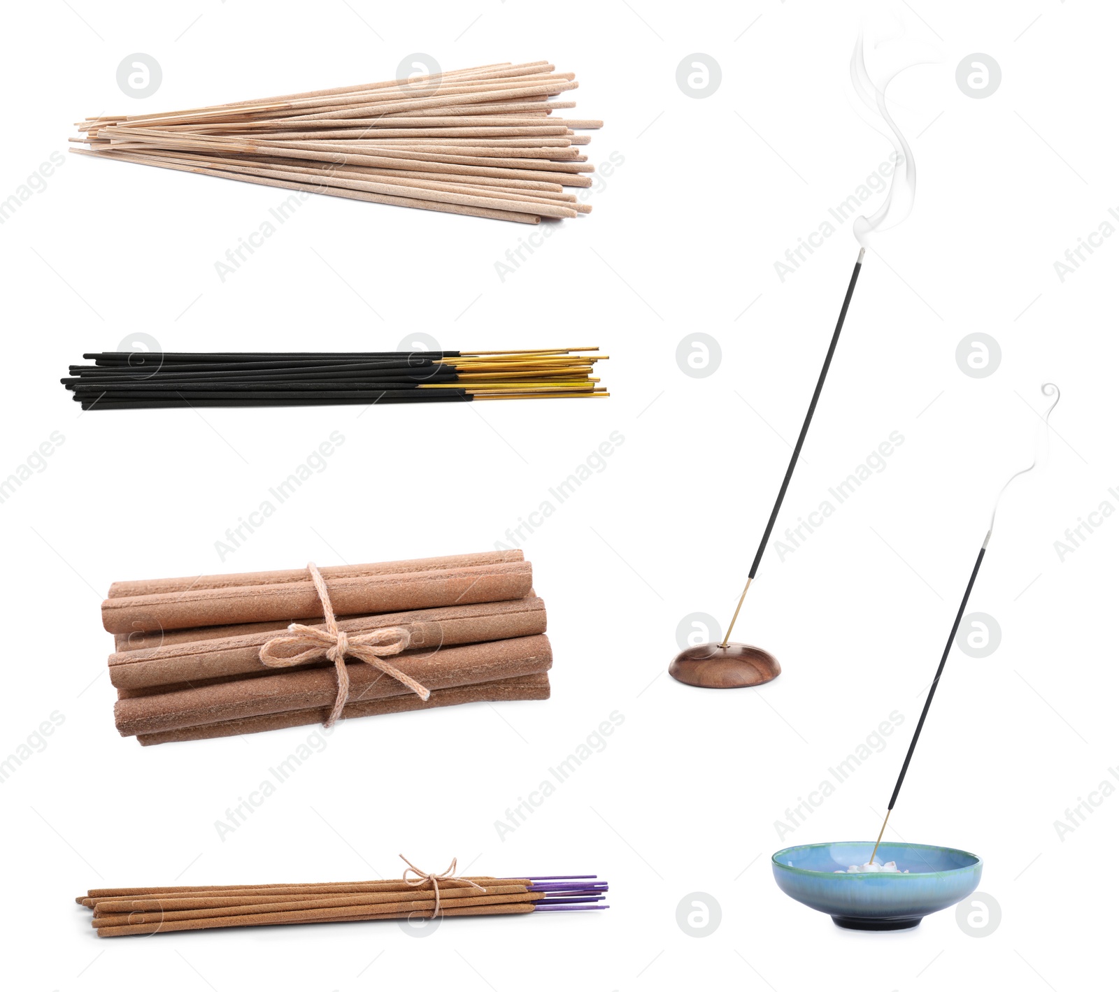 Image of Set with aromatic incense sticks on white background