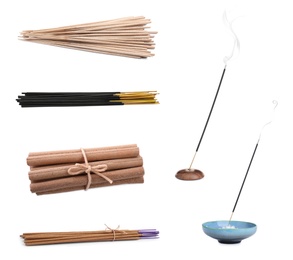 Image of Set with aromatic incense sticks on white background