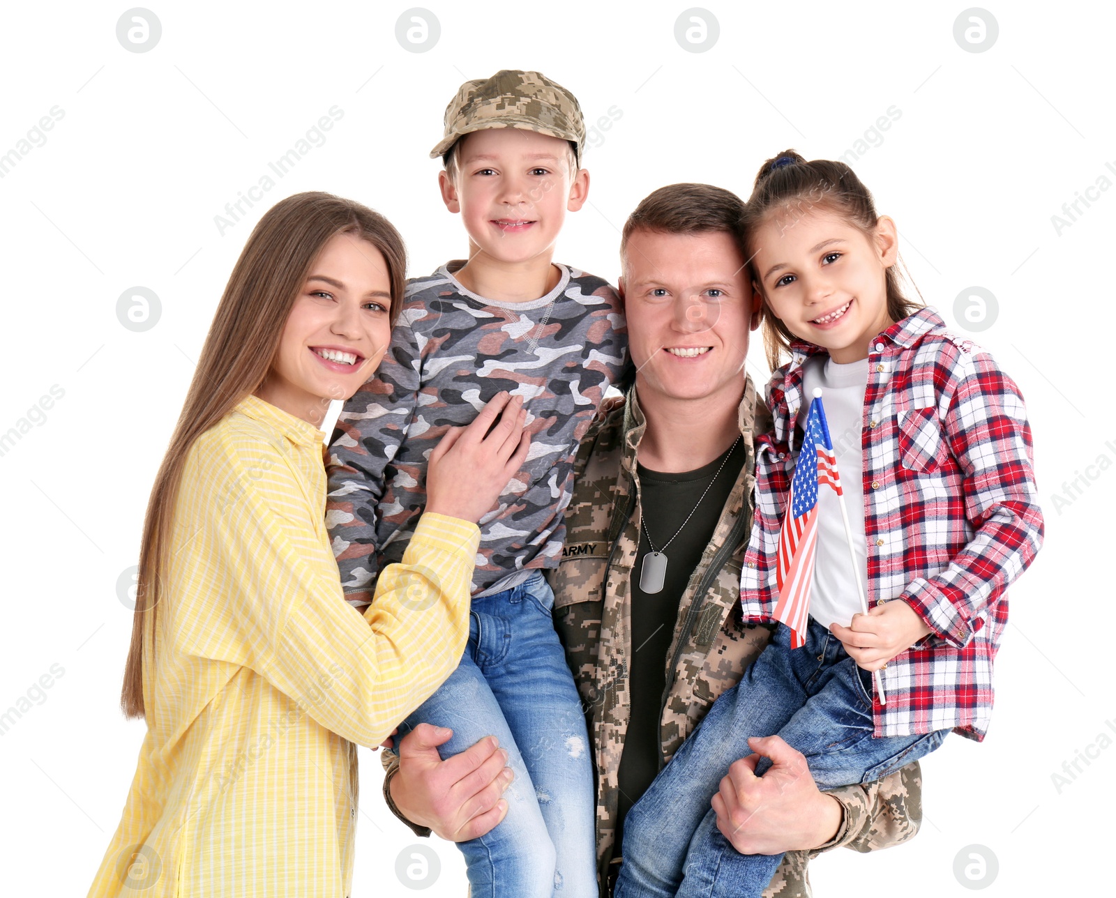 Photo of Male soldier with his family on white background. Military service