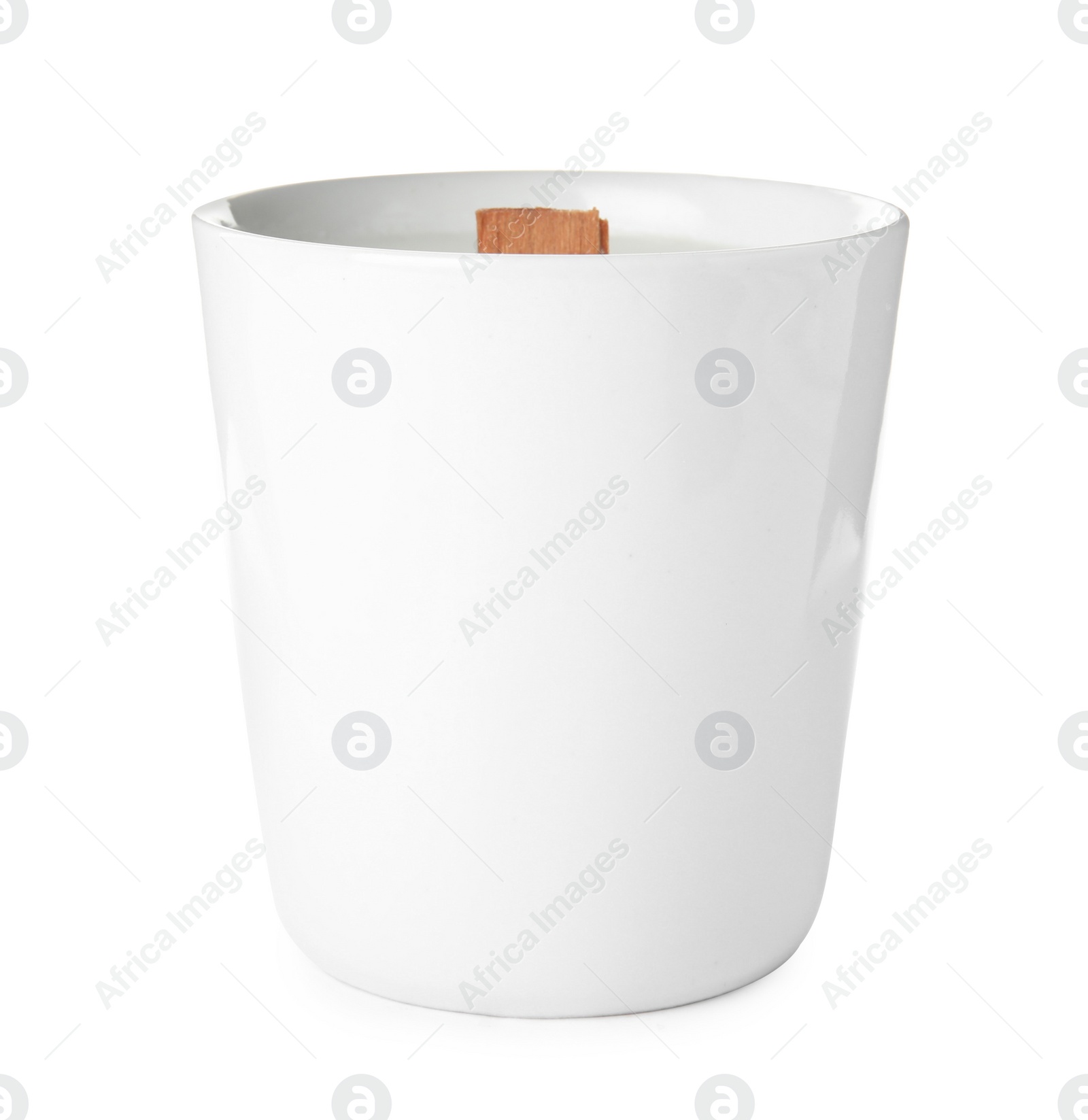 Photo of Beautiful candle with wooden wick isolated on white