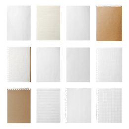 Set of different notebook papers on white background