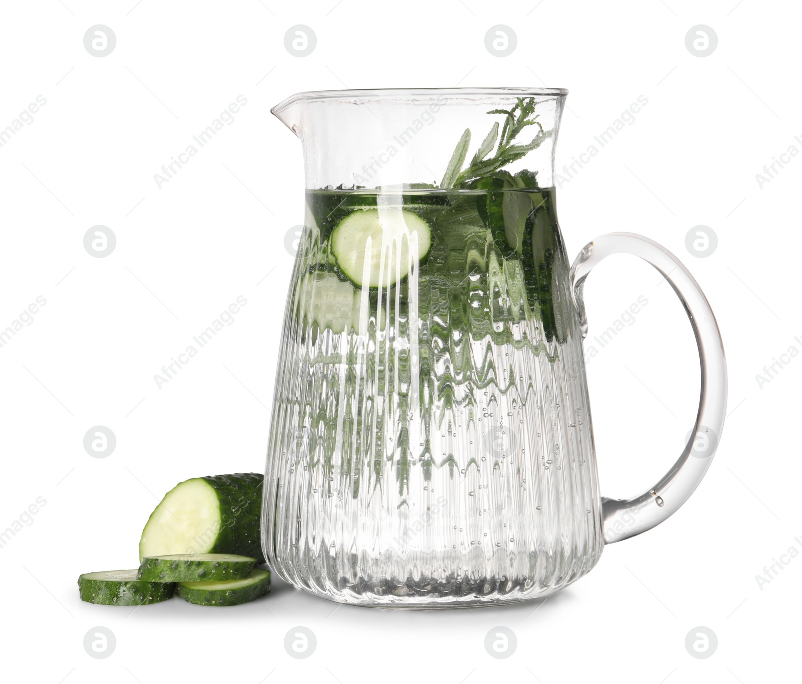 Photo of Refreshing cucumber water with rosemary in jug isolated on white