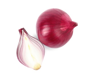 Fresh whole and cut red onions on white background, top view