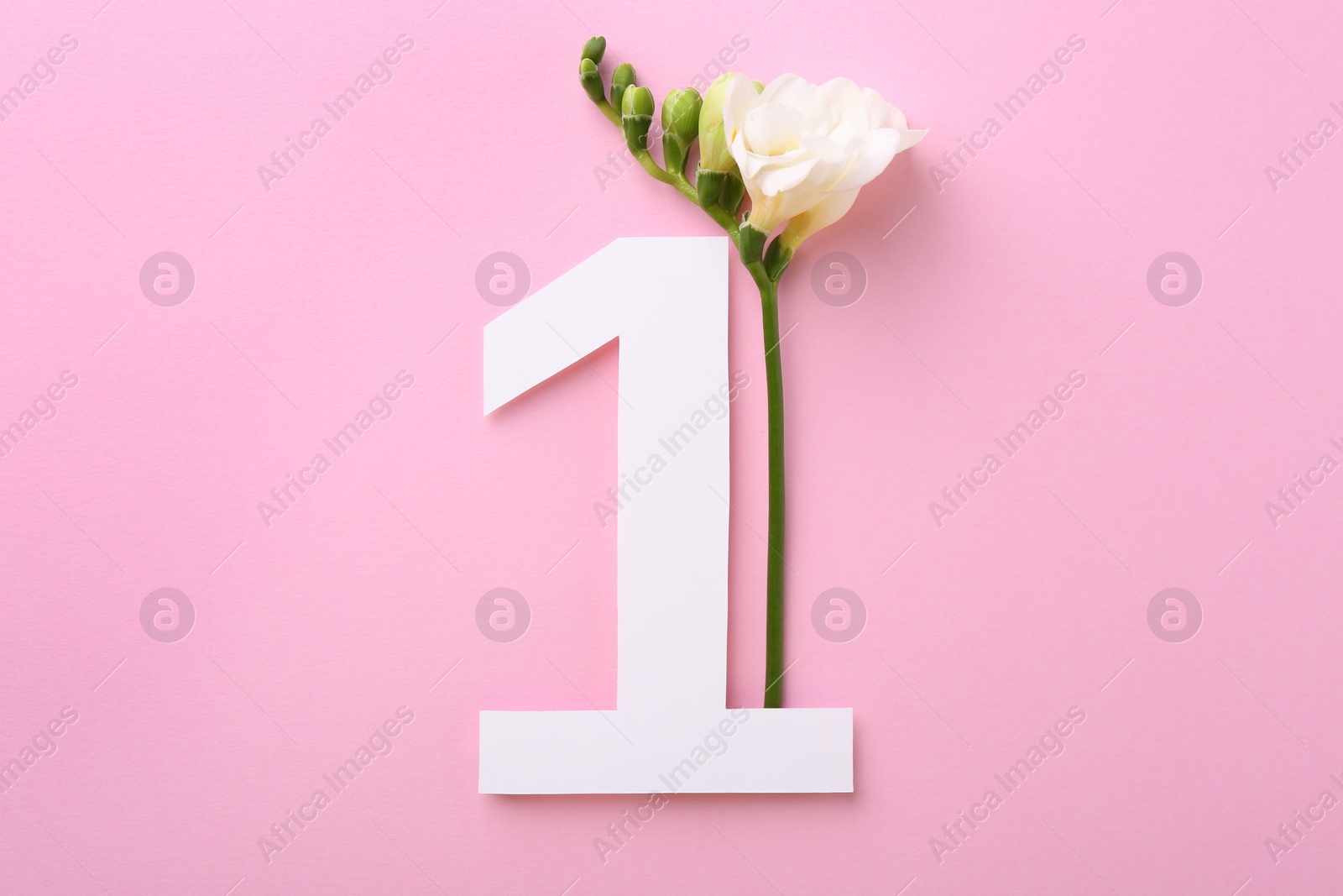 Photo of Paper number 1 and beautiful freesia flower on pink background, top view