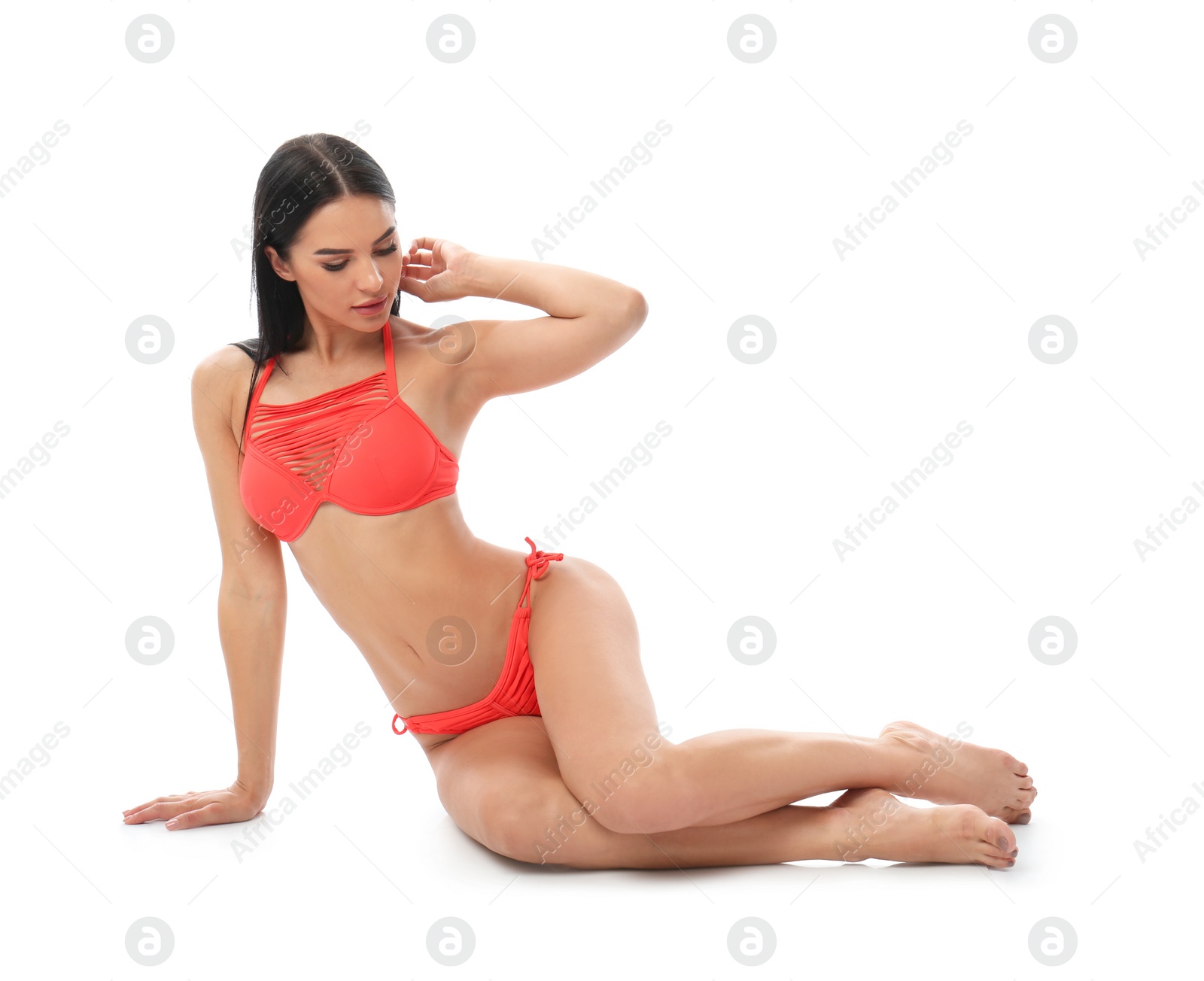 Photo of Beautiful young woman in stylish bikini on white background