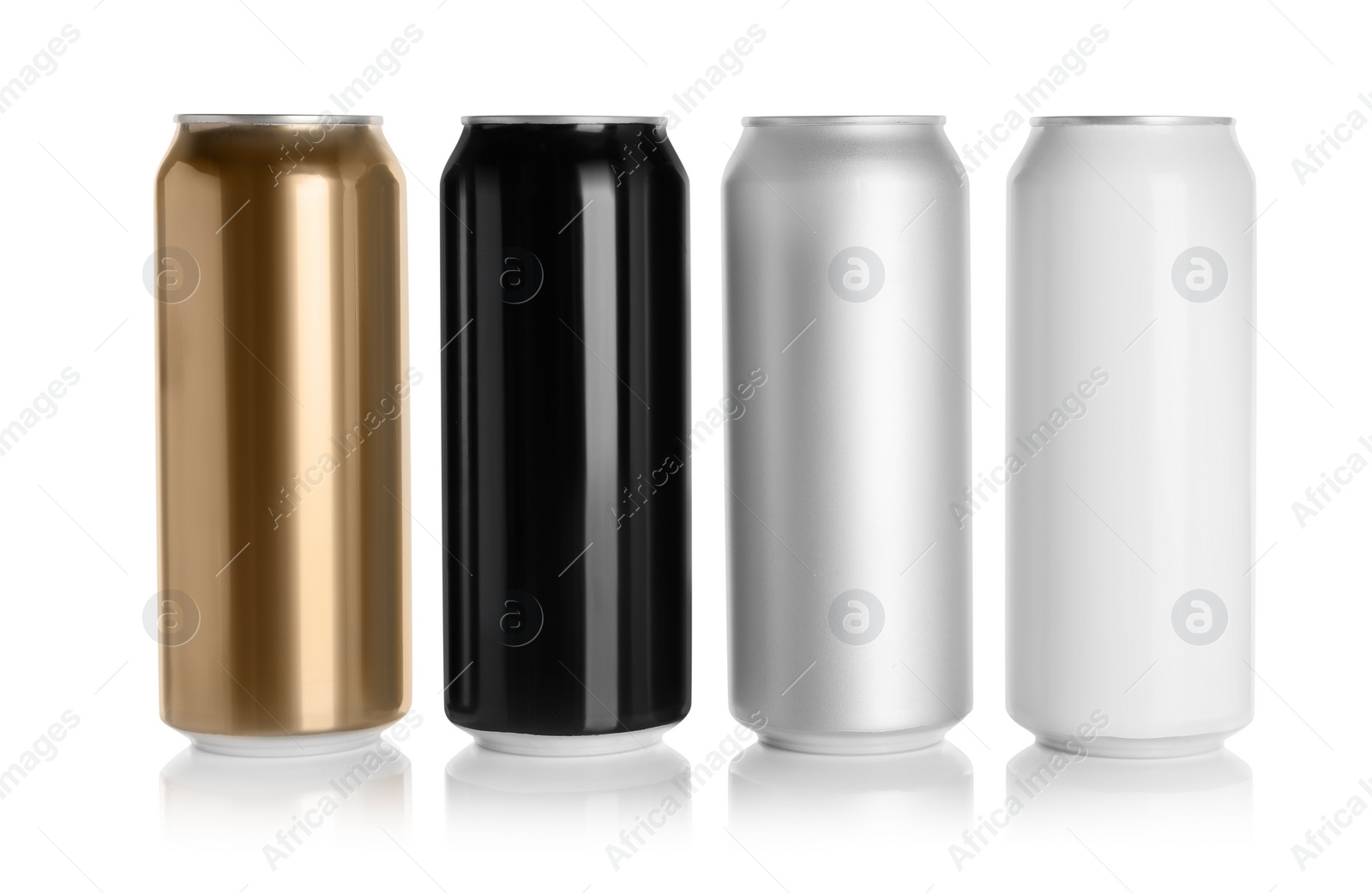 Photo of Set of aluminum cans with drinks on white background