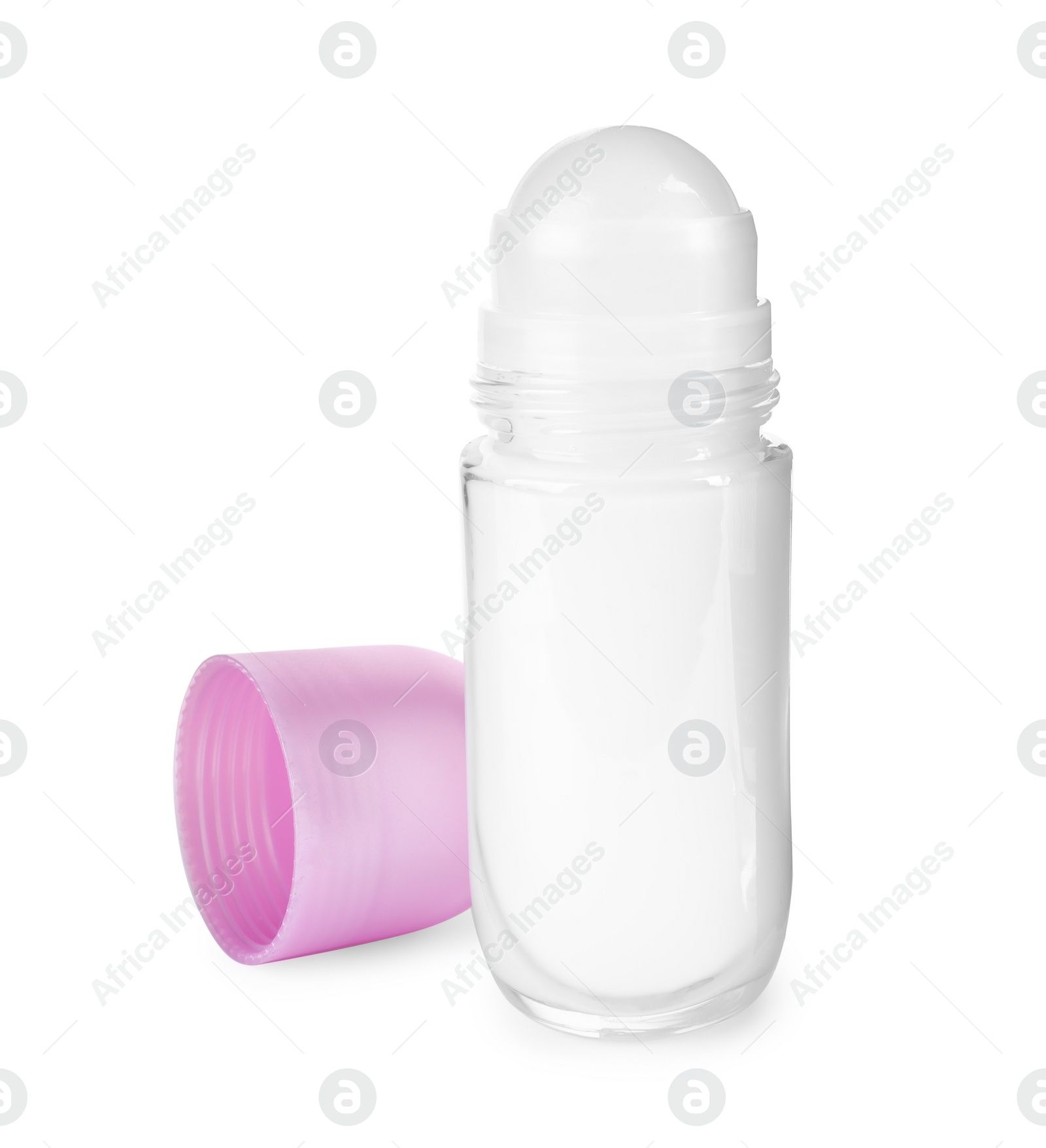 Photo of Blank glass deodorant container on white background