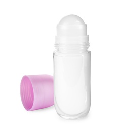 Photo of Blank glass deodorant container on white background