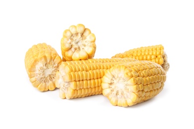 Pieces of ripe raw corn cobs on white background