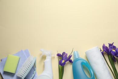 Photo of Spring cleaning. Detergents, flowers, brush, sponge and rag on beige background, flat lay. Space for text