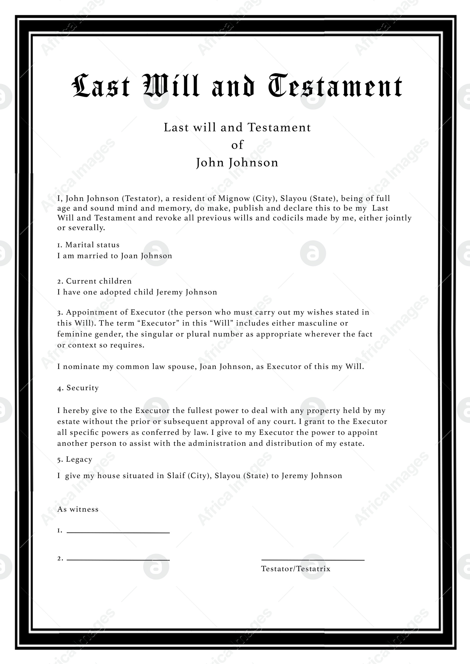 Illustration of Last Will and Testament on white paper, illustration