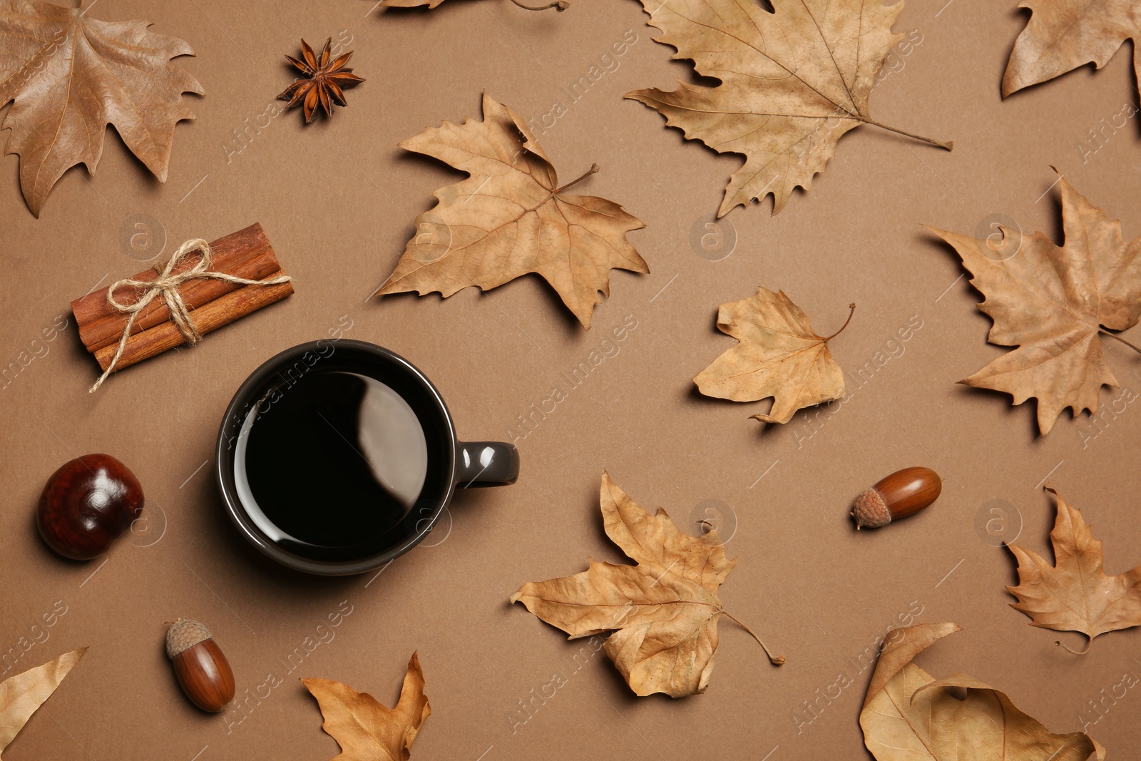 Photo of Flat lay composition with hot cozy drink and autumn leaves on color background