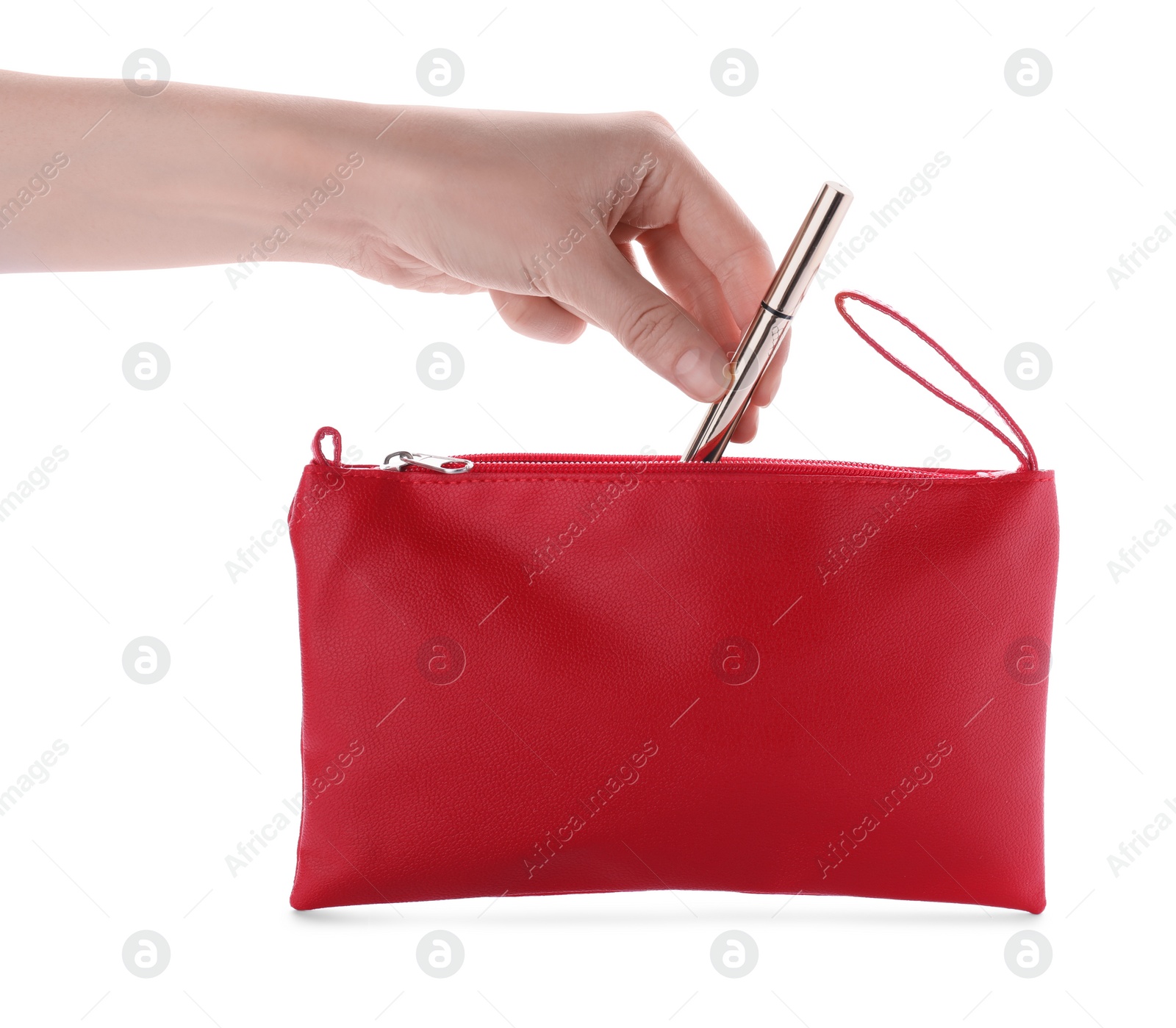 Photo of Woman taking out eyeliner from red cosmetic bag on white background, closeup