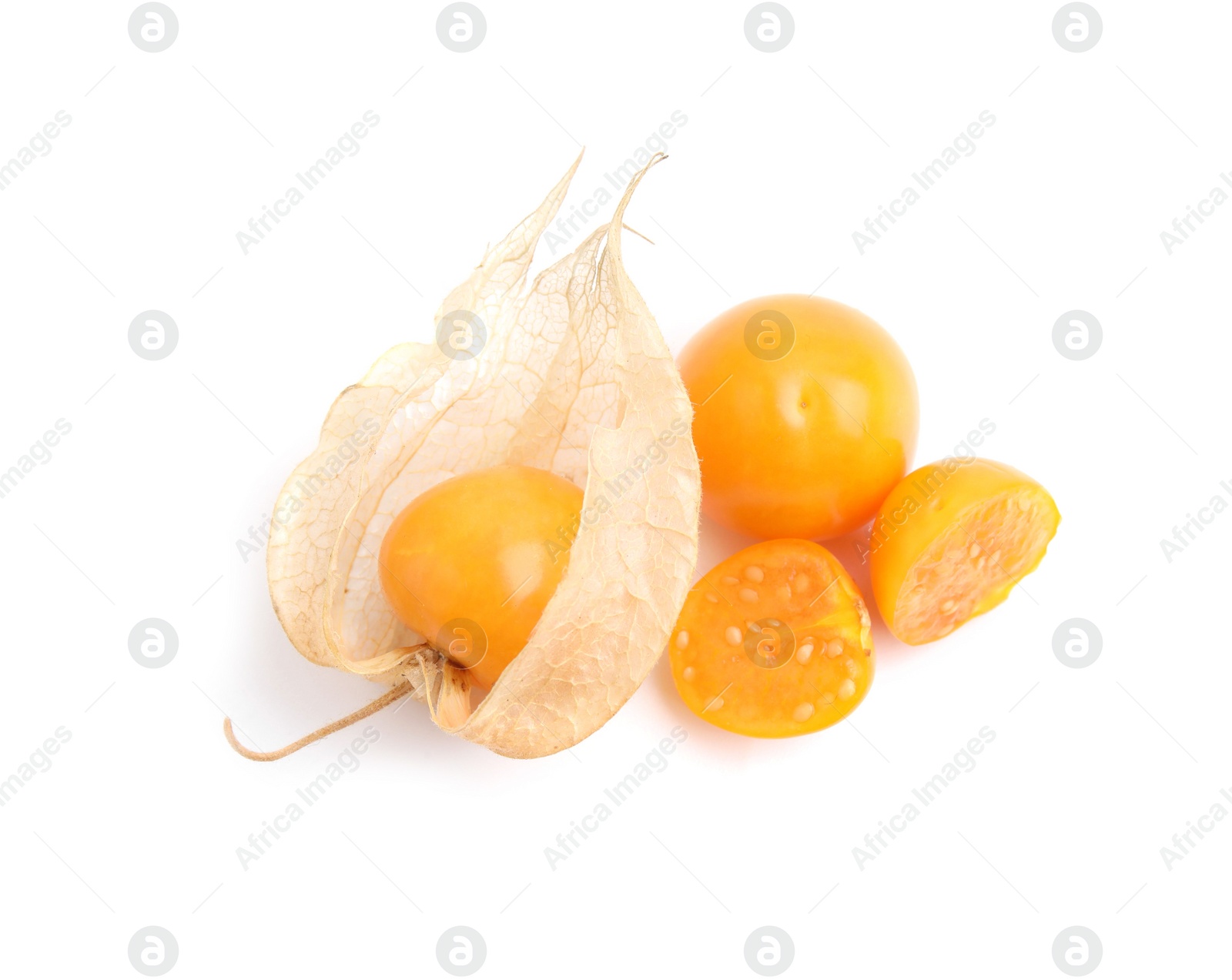 Photo of Ripe physalis fruits isolated on white, top view