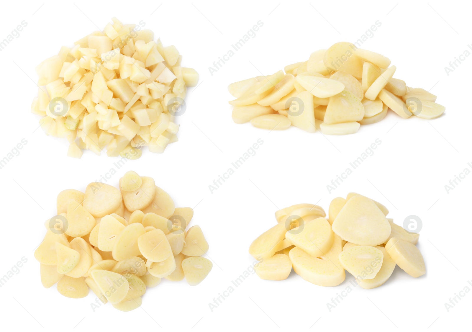 Image of Set of cut garlic on white background 