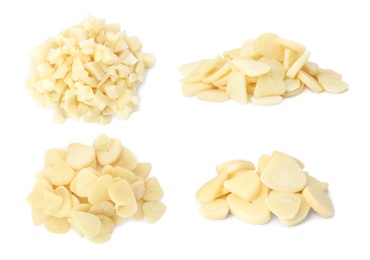 Set of cut garlic on white background 