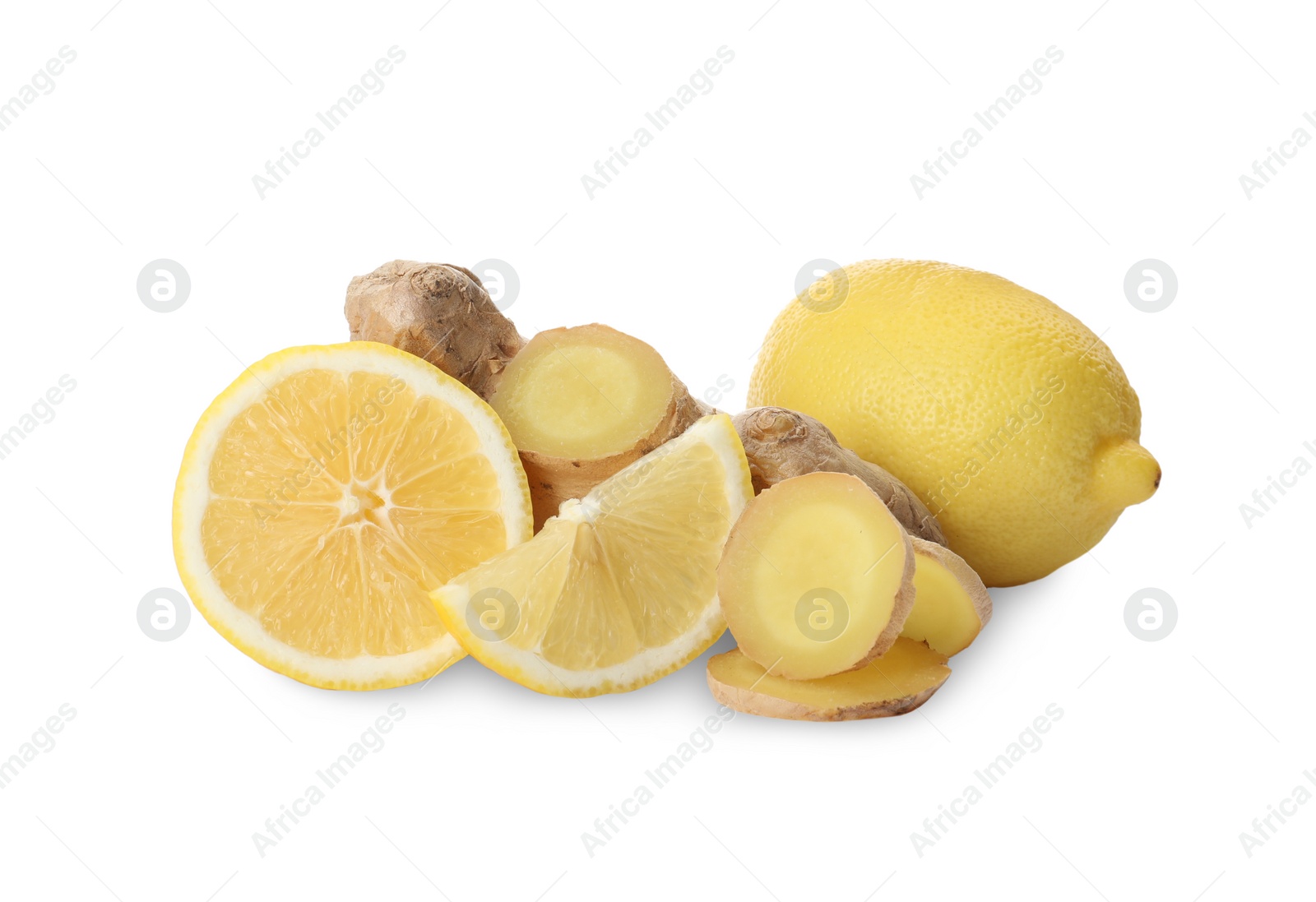 Photo of Fresh lemons and ginger on white background