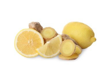 Photo of Fresh lemons and ginger on white background