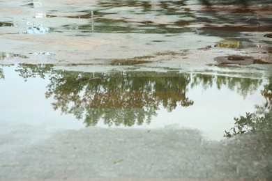 Puddles on asphalt road, closeup. Rainy weather