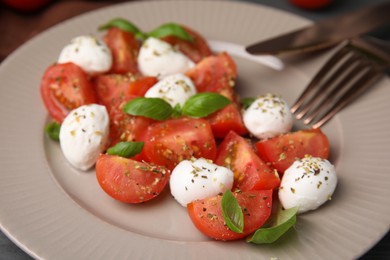 Photo of Tasty salad Caprese with mozarella balls, tomatoes and basil on plate, closeup