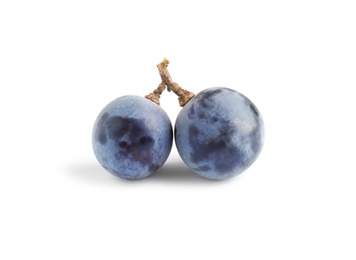 Photo of Delicious ripe dark blue grapes on white background