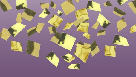 Image of Shiny golden confetti falling on gradient purple background. Banner design