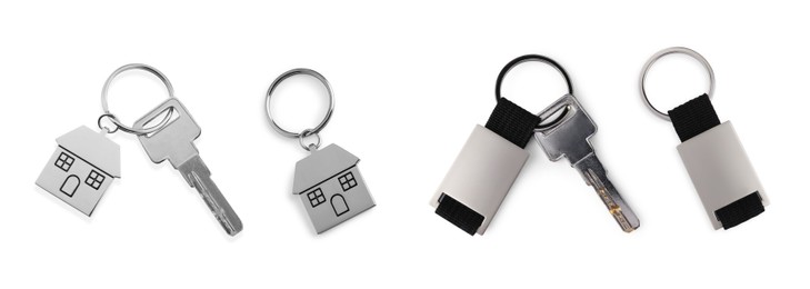 Image of Set with keys and key chains isolated on white