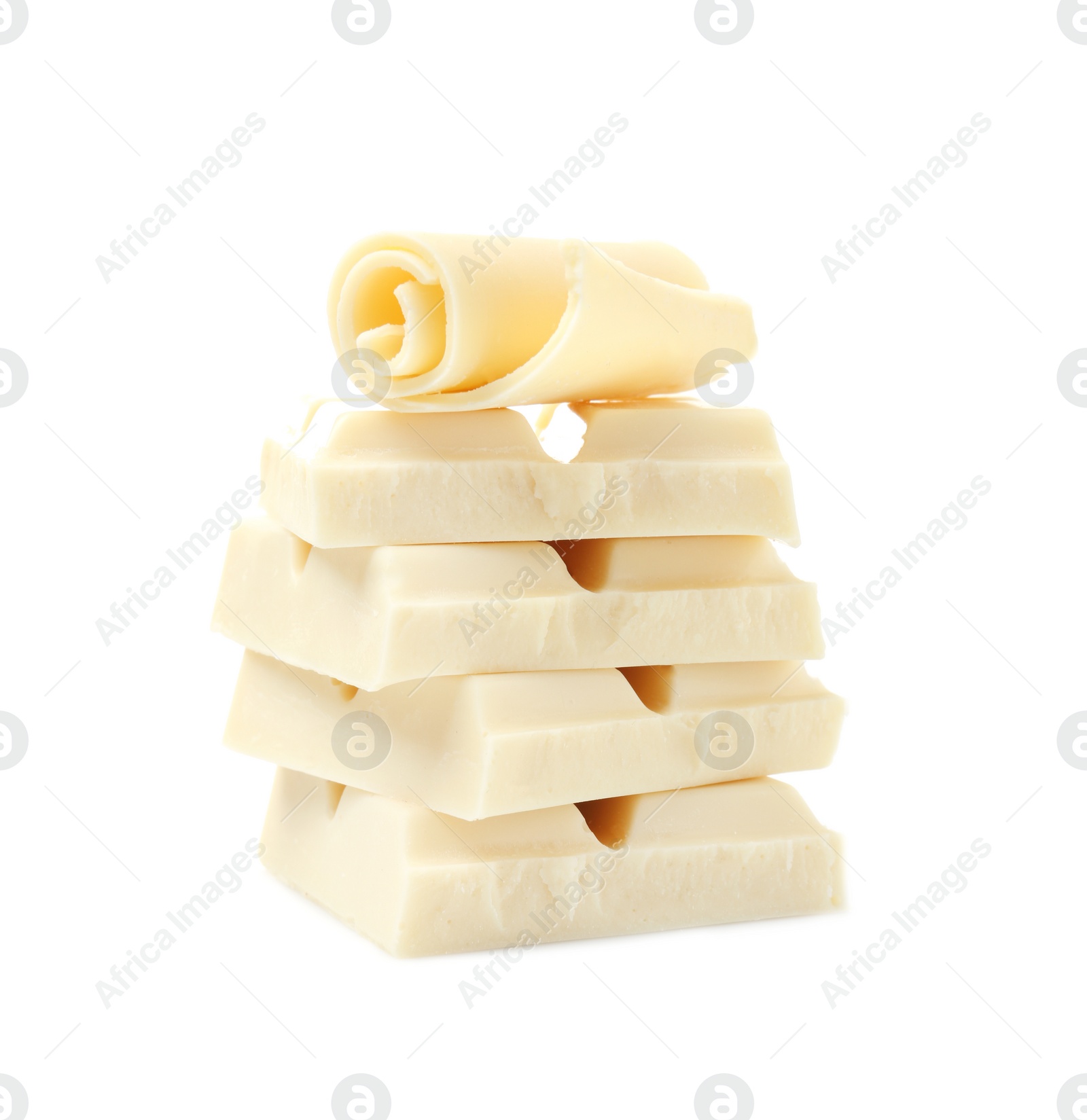 Photo of Yummy chocolate curl and pieces on white background