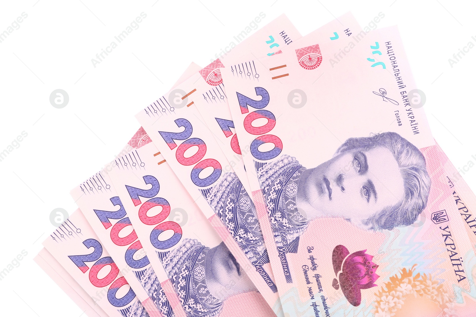 Photo of 200 Ukrainian Hryvnia banknotes on white background, top view