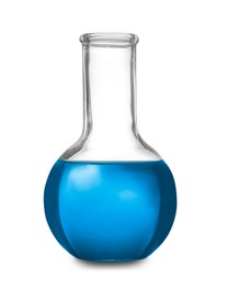 Boiling flask with blue liquid isolated on white. Laboratory glassware