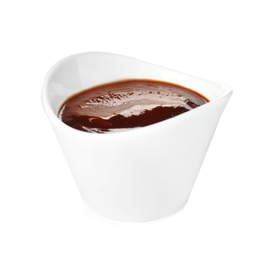 Bowl of barbecue sauce on white background