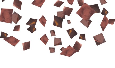 Image of Shiny bronze confetti falling on white background