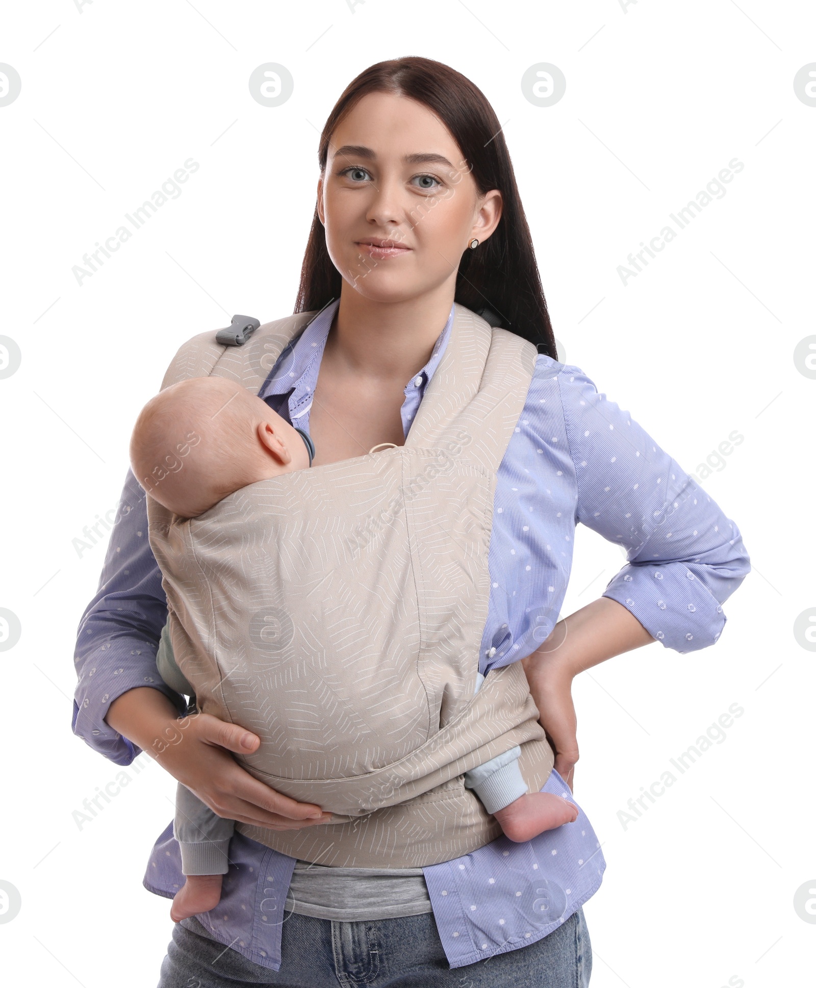 Photo of Mother holding her child in baby carrier on white background