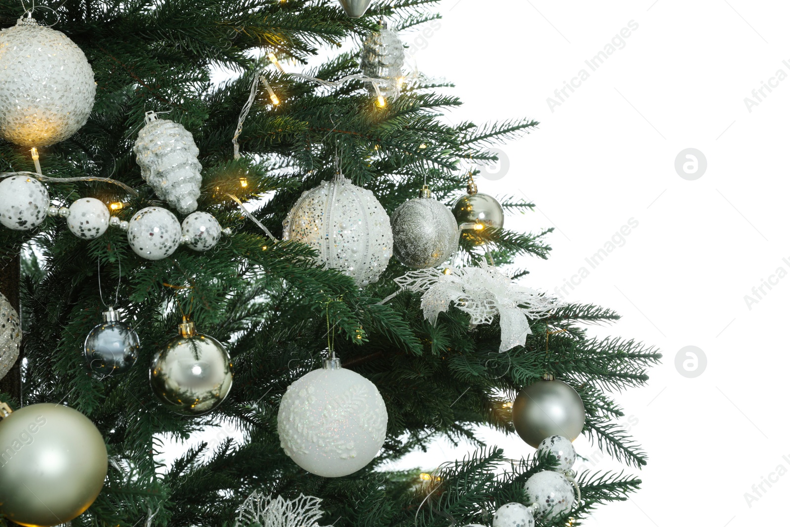 Photo of Christmas tree with beautiful decorations on white background, closeup