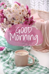 Image of Good morning! Cup of fresh coffee and beautiful bouquet on white table