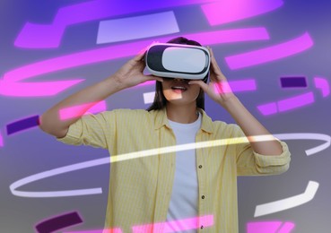 Image of Innovation idea. Woman using VR headset. Lines around her symbolizing digital reality