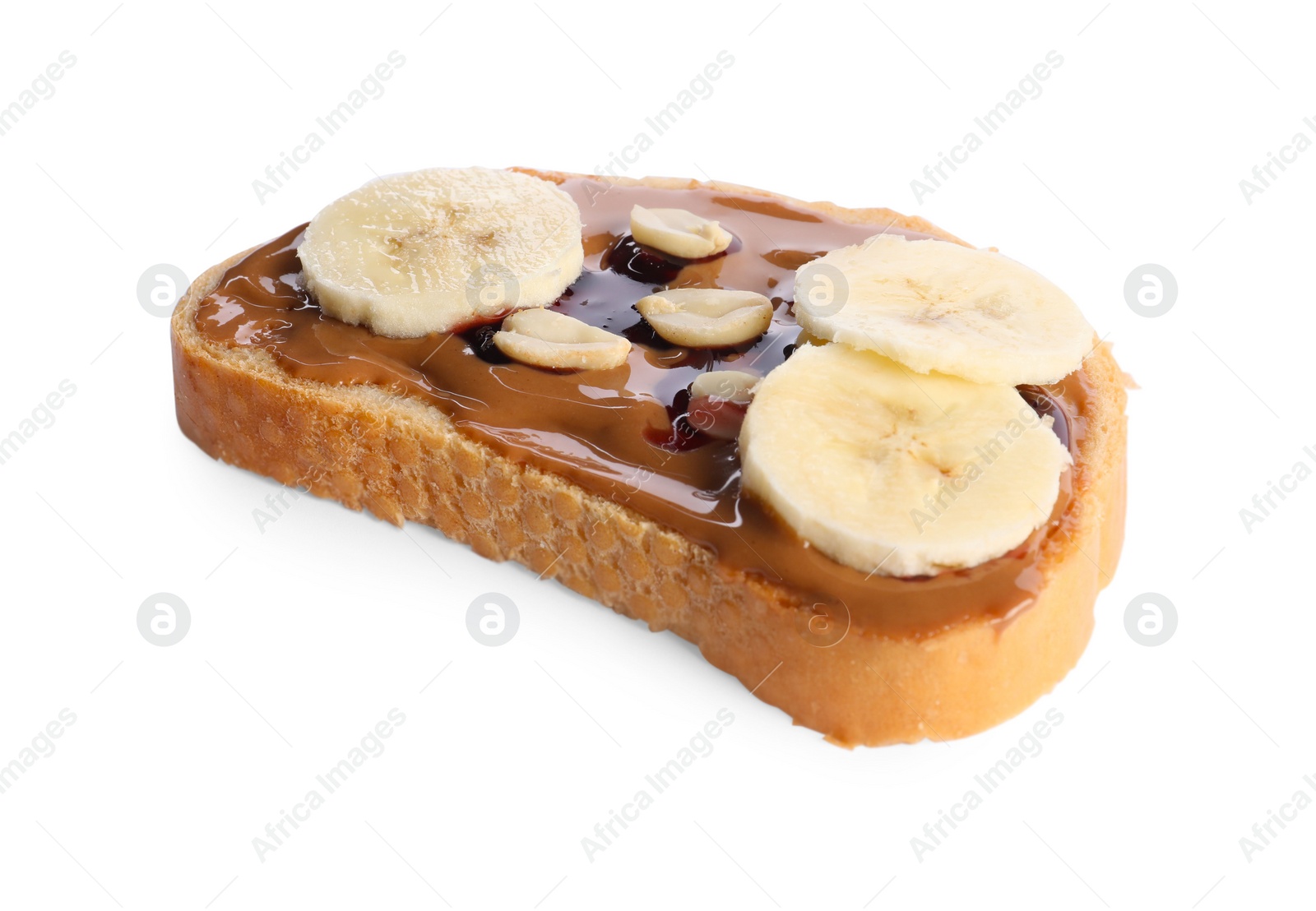 Photo of Toast with tasty nut butter, banana slices, jam and peanuts isolated on white