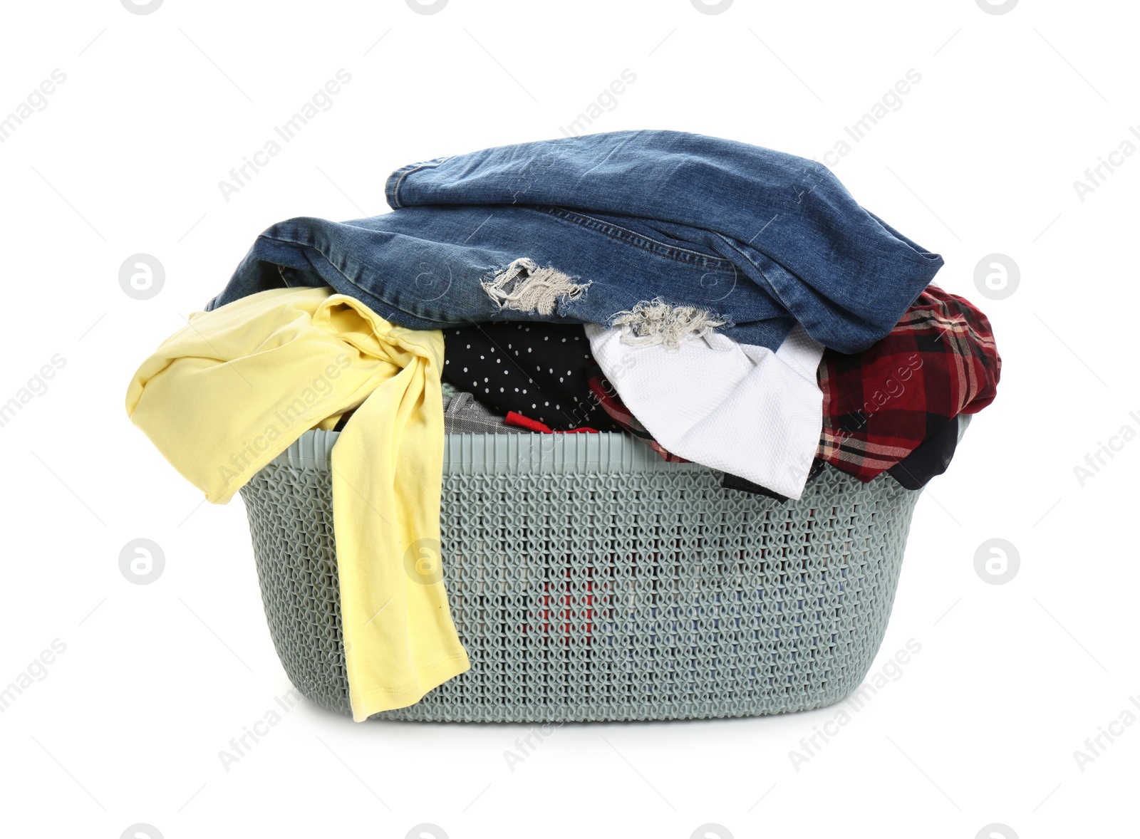 Photo of Plastic laundry basket full of clothes isolated on white