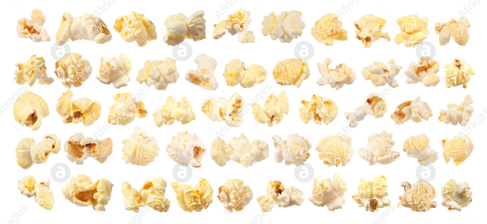 Image of Tasty popcorn. Many popped kernels isolated on white