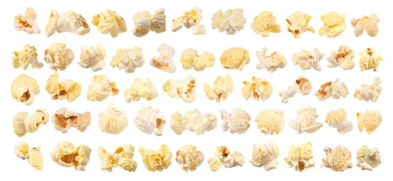 Image of Tasty popcorn. Many popped kernels isolated on white