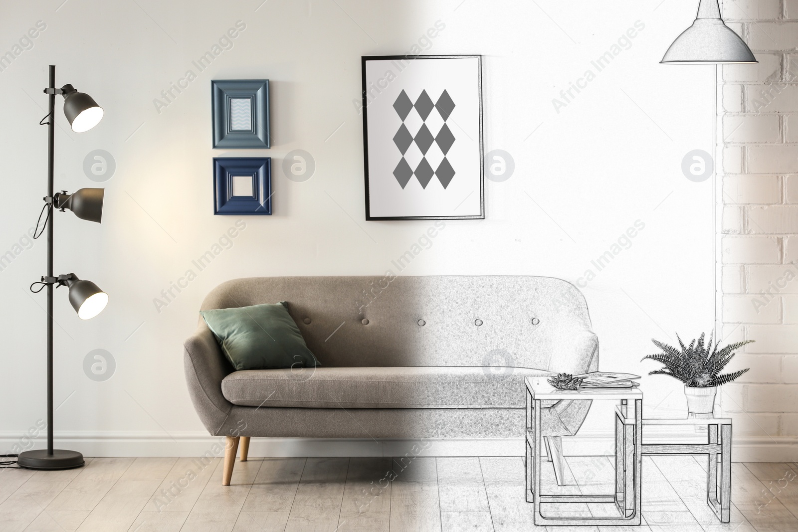 Image of Room with modern lamps and comfortable sofa. Illustrated interior design