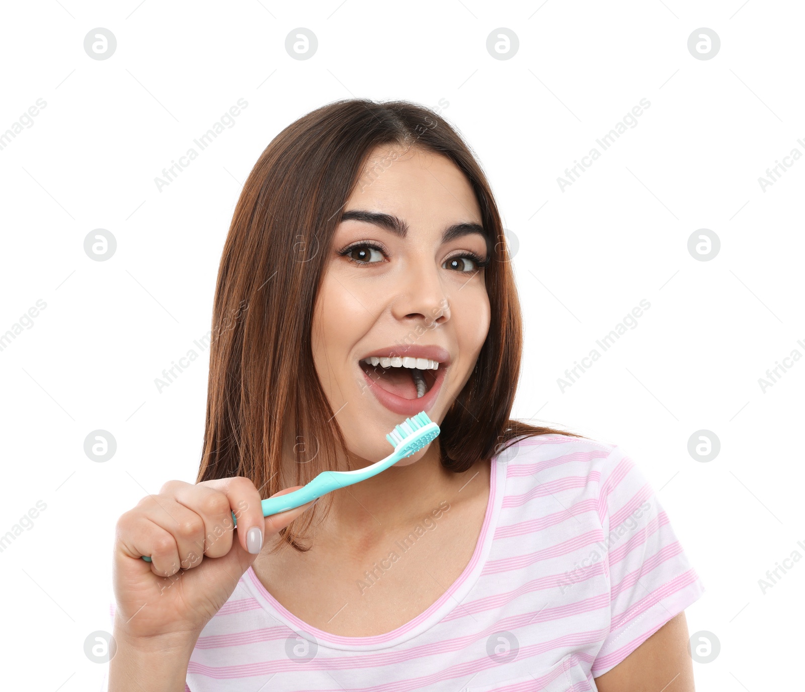 Photo of Beautiful woman brushing teeth on white background