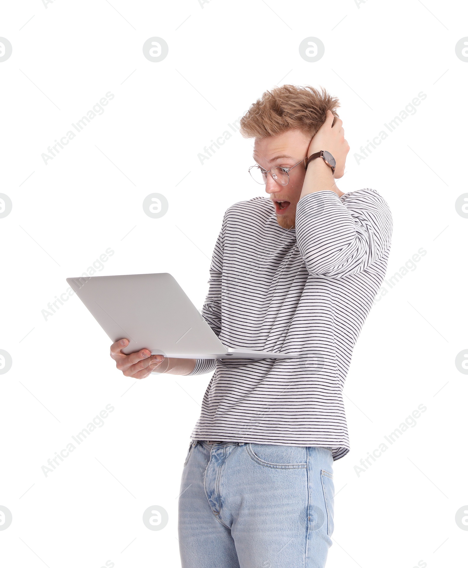 Photo of Emotional man with laptop on white background