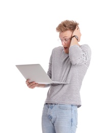 Emotional man with laptop on white background