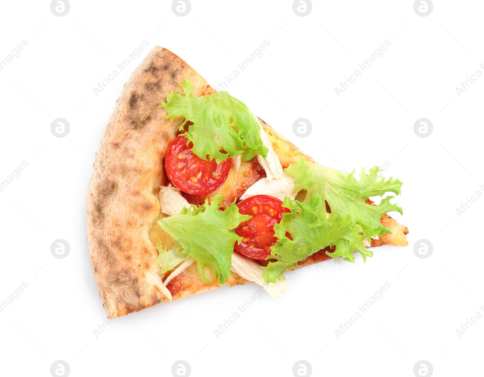 Photo of Slice of delicious pizza isolated on white, top view