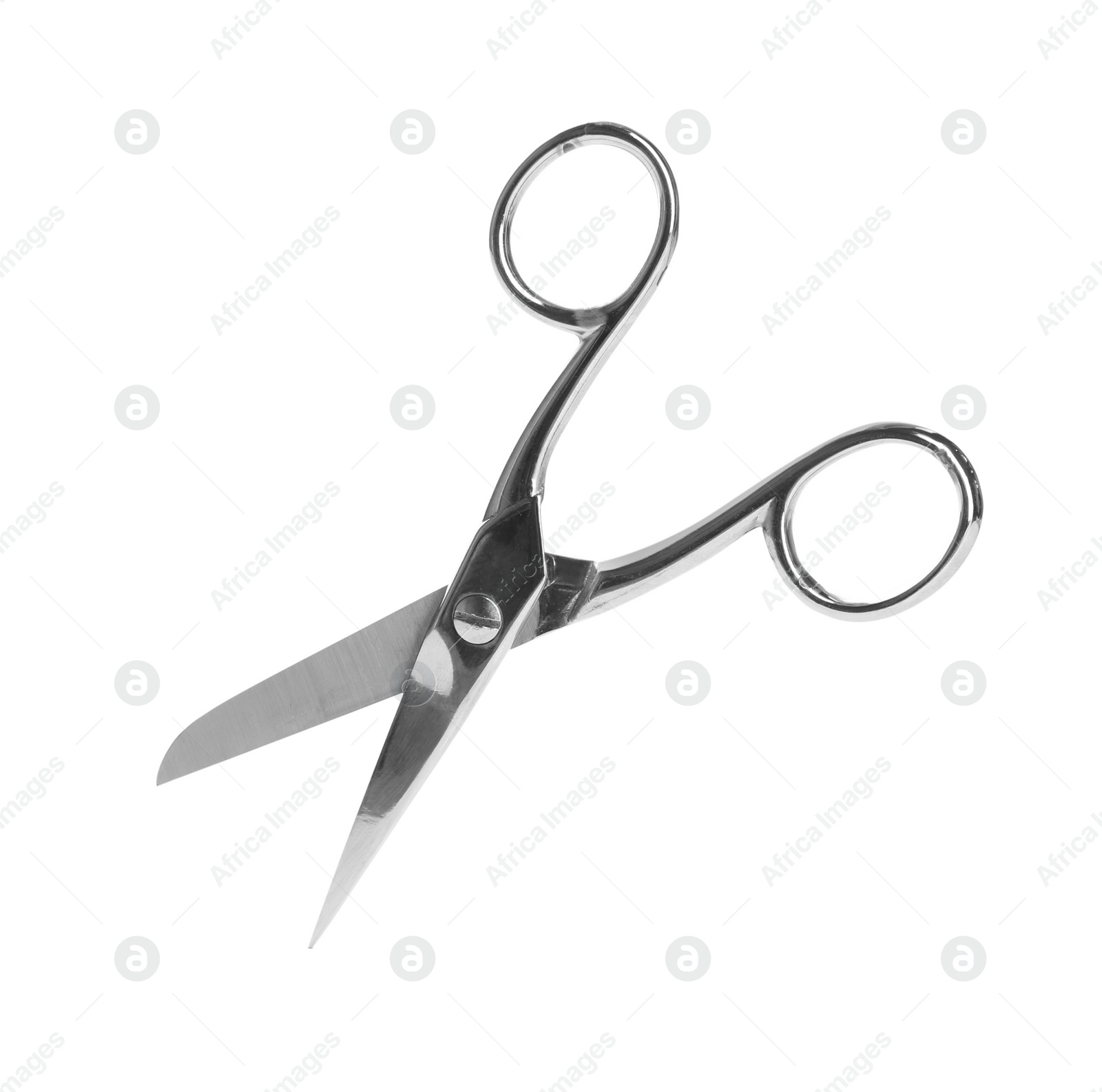 Photo of Pair of sharp sewing scissors on white background