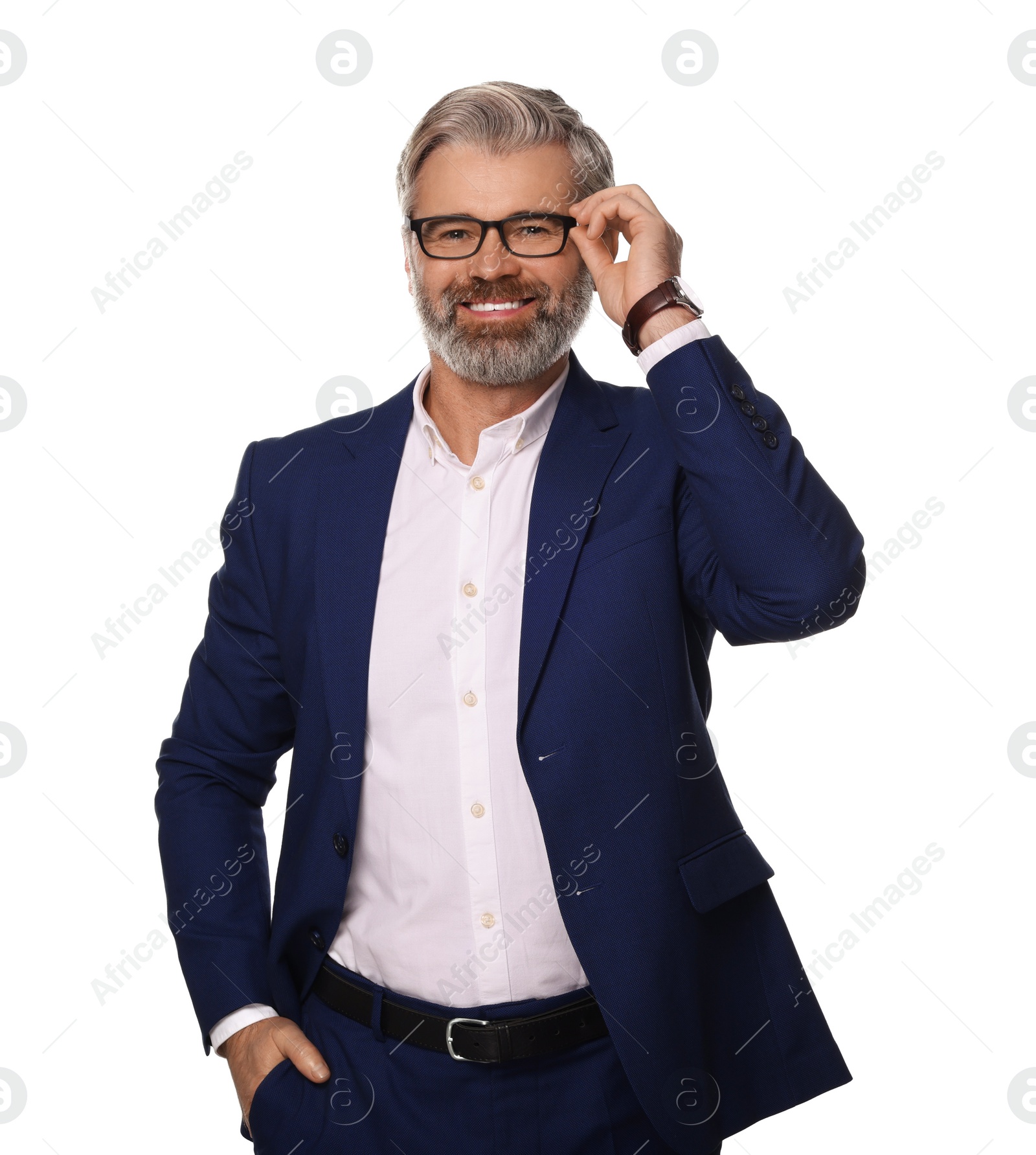 Photo of Portrait of smiling man in glasses on white background. Lawyer, businessman, accountant or manager