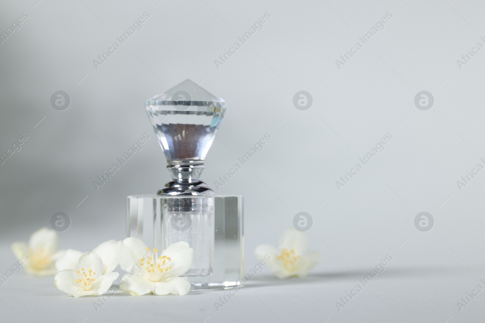 Photo of Aromatic perfume in bottle and beautiful jasmine flowers on grey background, space for text