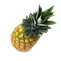 Tasty whole pineapple with leaves on white background