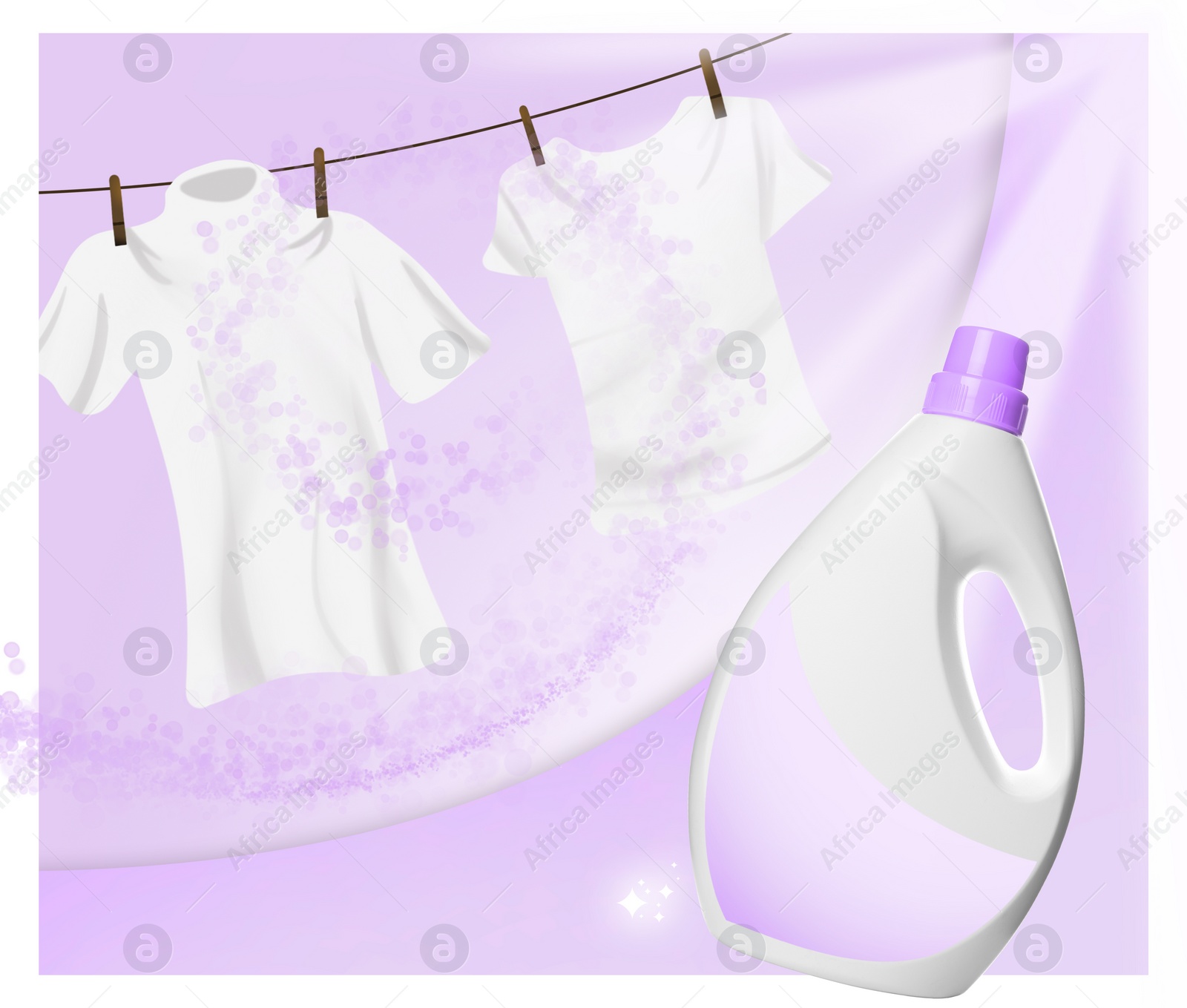 Image of Fabric softener advertising design. Bottle of conditioner and rope with drying laundry on violet background